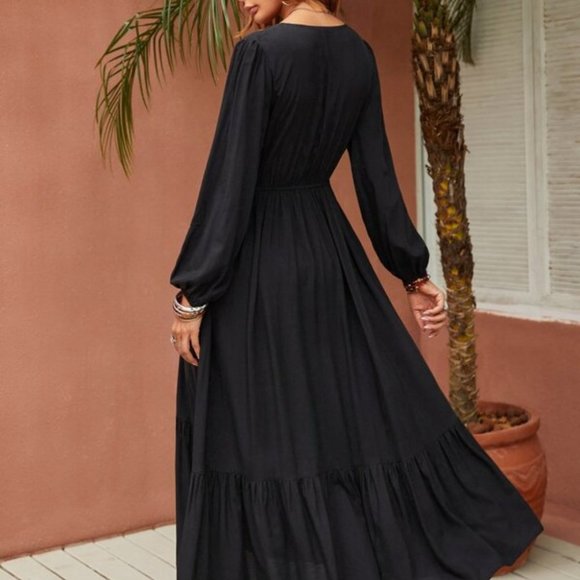 BOHO Flower Embroidered Tie Neck Lantern Sleeve Ruffle maxi dress - Picture 5 of 8